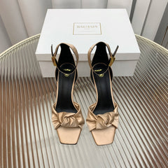 BALMAIN 25S KNOTTED HIGH HEELS 95MM IN LIGHT CARAMEL SATIN