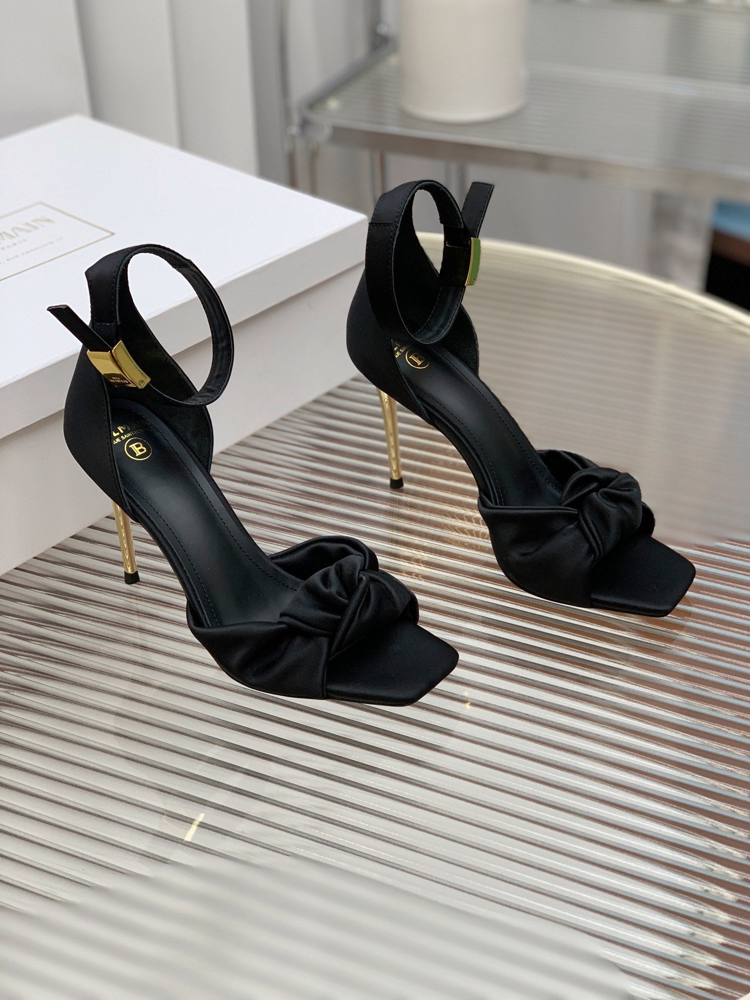 BALMAIN 25S KNOTTED HIGH HEELS 95MM IN BLACK SATIN