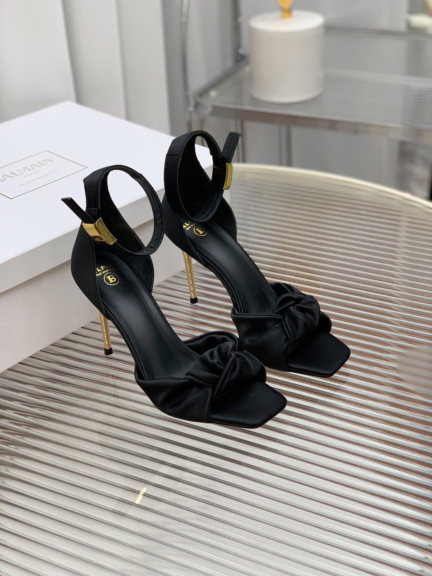 BALMAIN 25S KNOTTED HIGH HEELS 95MM IN BLACK SATIN