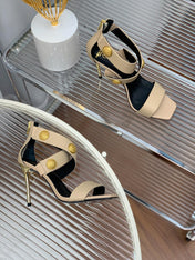 BALMAIN 25S CROSSOVER STRAP HIGH HEELS 95MM IN LIGHT BROWN CALFSKIN