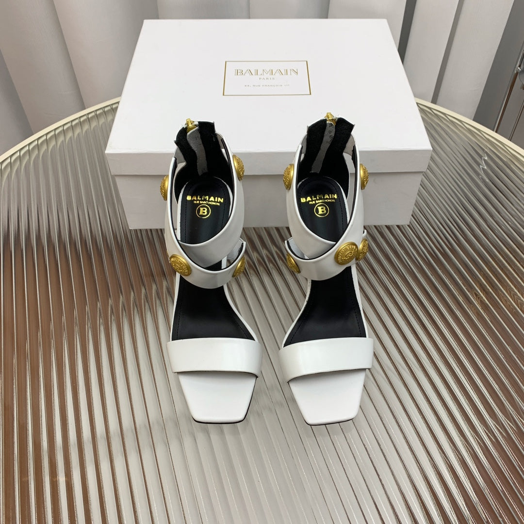 BALMAIN 25S CROSSOVER STRAP HIGH HEELS 95MM IN LIGHT GRAY CALFSKIN