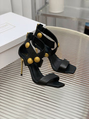 BALMAIN 25S CROSSOVER STRAP HIGH HEELS 95MM IN BLACK CALFSKIN