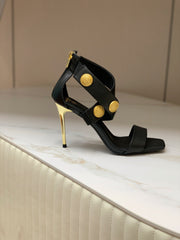 BALMAIN 25S CROSSOVER STRAP HIGH HEELS 95MM IN BLACK CALFSKIN