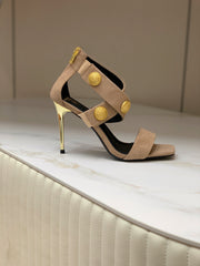 BALMAIN 25S CROSSOVER STRAP HIGH HEELS 95MM IN LIGHT BROWN SUEDE