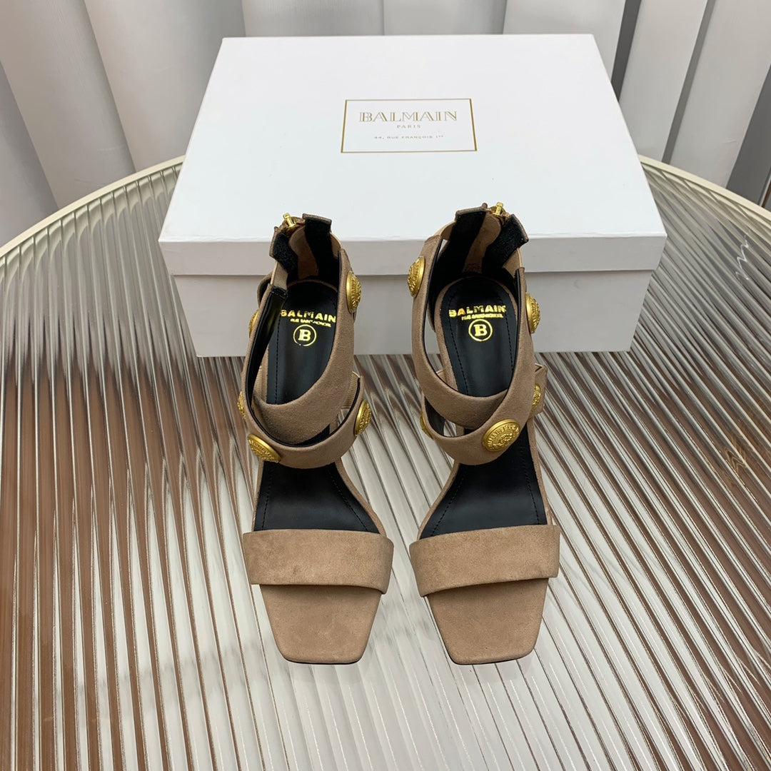 BALMAIN 25S CROSSOVER STRAP HIGH HEELS 95MM IN LIGHT BROWN SUEDE