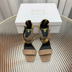 BALMAIN 25S CROSSOVER STRAP HIGH HEELS 95MM IN LIGHT BROWN SUEDE