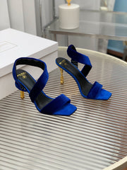 BALMAIN 25S MONETA HEELED SANDALS 95MM IN DARK BLUE VELVET