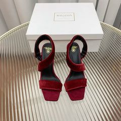 BALMAIN 25S MONETA HEELED SANDALS 95MM IN DARK CRIMSON VELVET