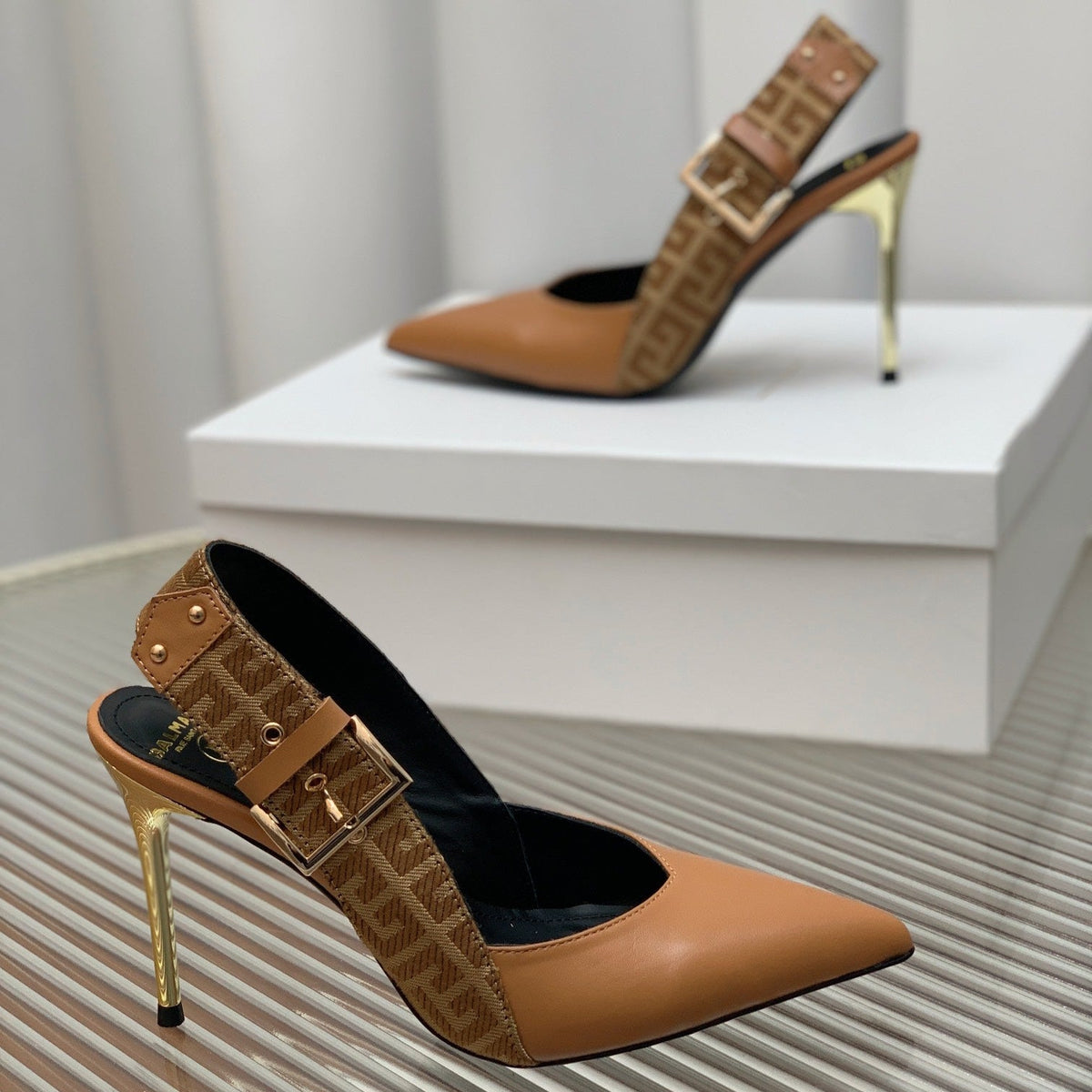 BALMAIN 25S SLINGBACK SHOES 95MM IN DARK BROWN CALFSKIN