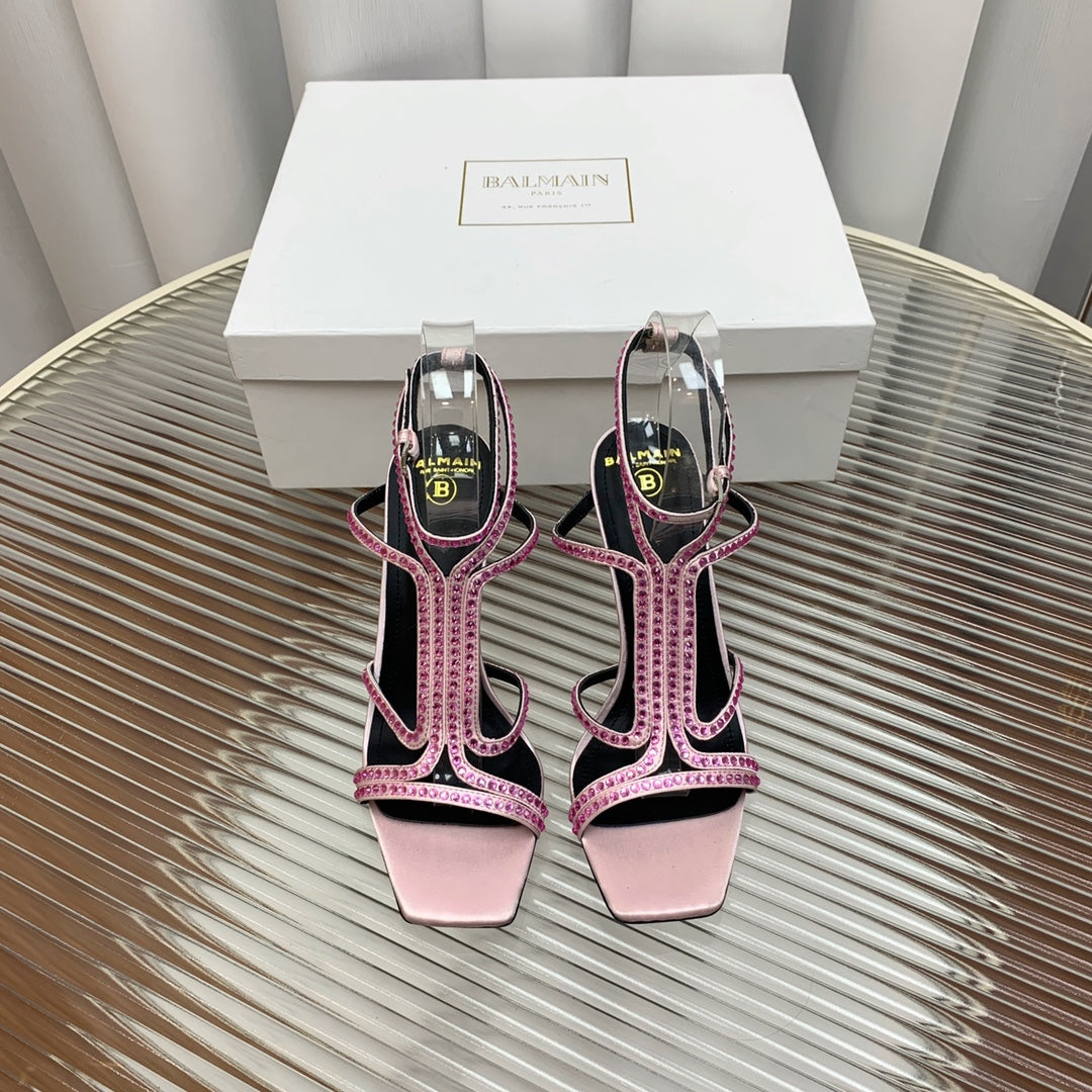 BALMAIN 25S MONETA SANDAL 95MM IN LAVENDER PINK CALFSKIN WITH CRYSTAL