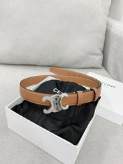 CELINE 25S TRIOMPHE BELT 25MM IN BROWN CALFSKIN SILVER HARDWARE 580678