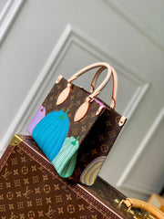 LV x YK ONTHEGO 25 IN BROWN MONOGRAM COATED CANVAS AND CALFSKIN PUMPKIN PATTERN