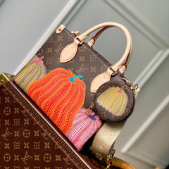 LV x YK ONTHEGO 25 IN BROWN MONOGRAM COATED CANVAS AND CALFSKIN PUMPKIN PATTERN