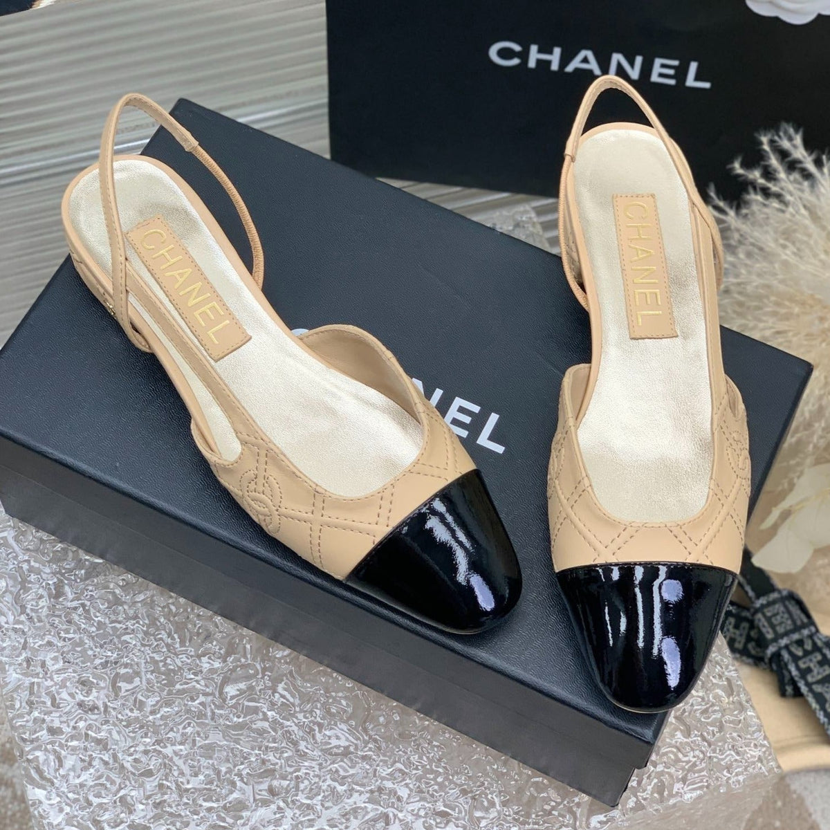 SLINGBACKS 20 BEIGE CREAM MIX BLACK CALFSKIN