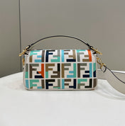 BAGUETTE CANVAS 27 BAG WHITE STRAP WITH MULTICOLOUR EMBROIDERY GOLD HARDWARE