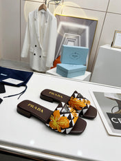 PRA EMBROIDERED SLIDES FLAT CHOCOLATE FABRIC