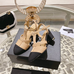 Double C  Heeled Sandals Tan Cream Lambskin