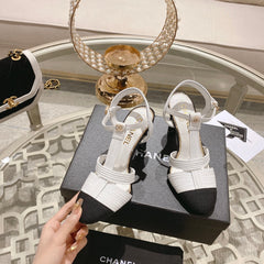 Double C  Heeled Sandals White Black Lambskin
