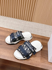 DIOR PLATFORM SLIDES 25S 30 MM IN MIDNIGHT BLUE MIX WHITE FABRIC AND CALFSKIN