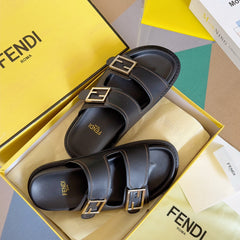 FENDI BAGUETTE DAD SANDALS IN BLACK CALFSKIN WITH GOLD HARDWARE