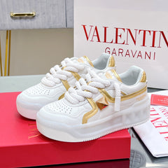 VALENTINO 25S GARAVANI ONE STUD XL PLATFORM SNEAKERS IN GOLD MIX WHITE LAMBSKIN