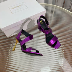 BALMAIN 25S HIGH HEEL SANDALS 95MM IN ROYAL PURPLE GLOSSY CALFSKIN