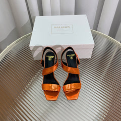 BALMAIN 25S HIGH HEEL SANDALS 95MM IN BURNT ORANGE GLOSSY CALFSKIN