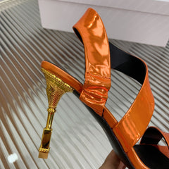 BALMAIN 25S HIGH HEEL SANDALS 95MM IN BURNT ORANGE GLOSSY CALFSKIN