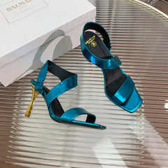 BALMAIN 25S HIGH HEEL SANDALS 95MM IN PETROL BLUE GLOSSY CALFSKIN
