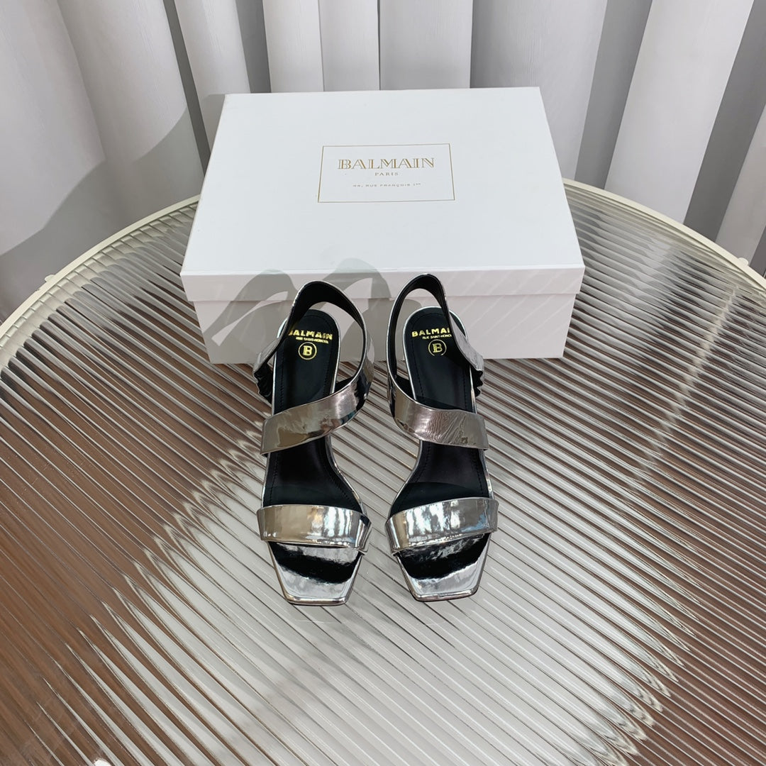BALMAIN 25S HIGH HEEL SANDALS 95MM IN SILVER GLOSSY CALFSKIN