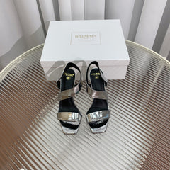BALMAIN 25S HIGH HEEL SANDALS 95MM IN SILVER GLOSSY CALFSKIN