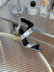 BALMAIN 25S HIGH HEEL SANDALS 95MM IN SILVER GLOSSY CALFSKIN