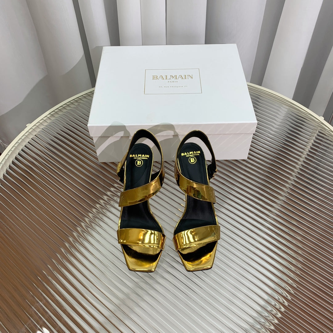 BALMAIN 25S HIGH HEEL SANDALS 95MM IN GOLD GLOSSY CALFSKIN