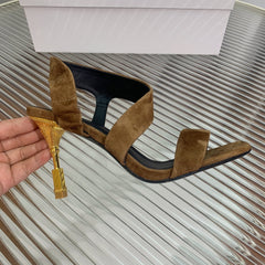 BALMAIN 25S HIGH HEEL SANDALS 95MM IN BROWN SUEDE