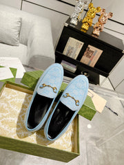 MEN'S LOAFER WITH HORSEBIT IN LIGHT BLUE MONOGRAM JACQUARD FABRIC