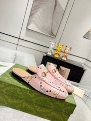 HORSEBIT SLIPPER MULE WITH CUTE CAT PRINT IN LIGHT PINK CALFSKIN