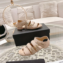Double C  Xiaoxiang Chain Fabric Head Chunky Sandal Cream Lambskin