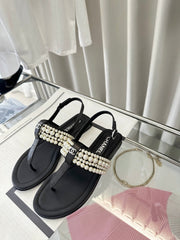 CLASSIC THONG SANDALS PEARL CHAIN IN BLACK LAMBSKIN