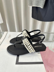CLASSIC THONG SANDALS PEARL CHAIN IN BLACK LAMBSKIN