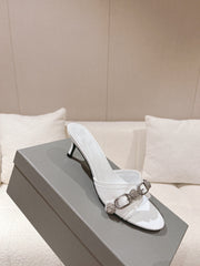 BALENCIAGA 25S HIGH-HEEL SANDALS IN WHITE COW LEATHER WITH RHINESTONE STRAP
