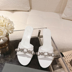 BALENCIAGA 25S HIGH-HEEL SANDALS IN WHITE COW LEATHER WITH RHINESTONE STRAP