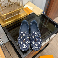 LV GLORIA FLAT LOAFER DENIM FLORAL FABRIC DARK BLUE