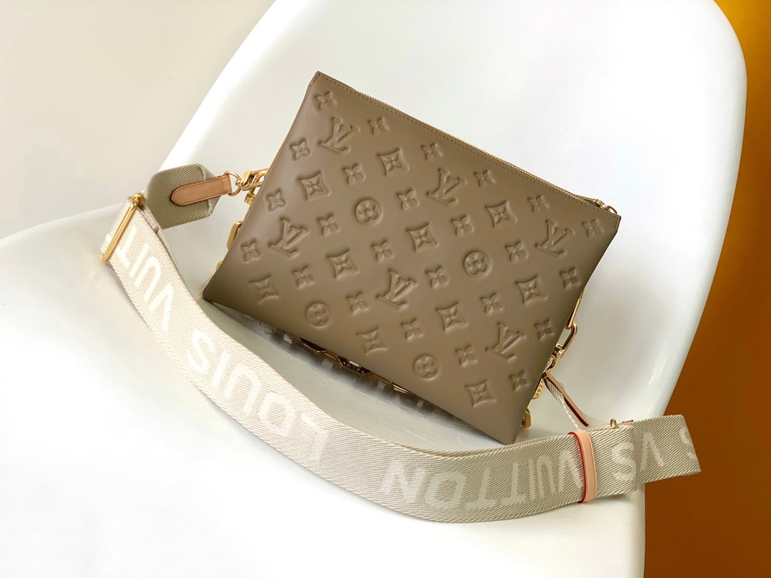 COUSSIN PM 26 IN BROWN MONOGRAM EMBOSSED LAMBSKIN GOLD HARDWARE