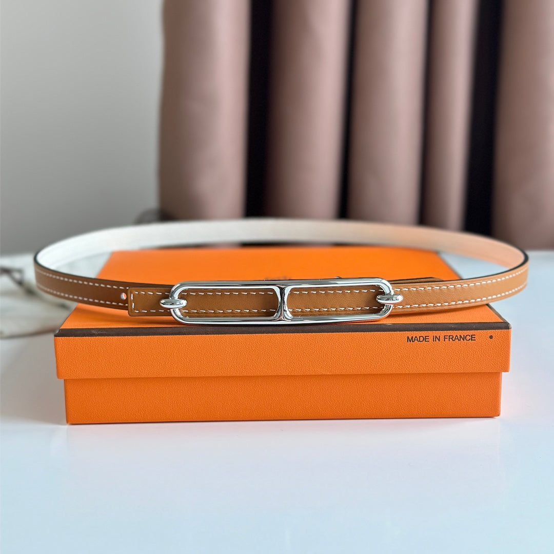 HM ROULIS BUCKLE & REVERSIBLE CINNAMON BROWN AND WHITE LEATHER STRAP 13MM SILVER HARDWARE