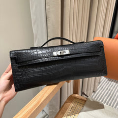 KELLY CUT 31 IN BLACK SHINY ALLIGATOR LEATHER WITH SILVER HARDWARE