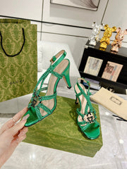 GG CRYSTAL HIGH HEEL SANDAL JADE GREEN CALFSKIN SPECIAL