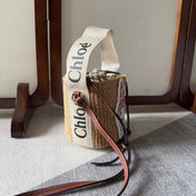 MY MELODY SMALL WOODY BASKET 17 IN NATURAL FIBERS BEIGE WEBBING BROWN CALFSKIN