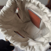 MY MELODY SMALL WOODY BASKET 17 IN NATURAL FIBERS BEIGE WEBBING BROWN CALFSKIN