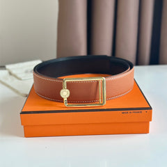 HM OSCAR BELT BUCKLE & REVERSIBLE YAM ORANGE AND BLACK LEATHER STRAP 38MM GOLD HARDWARE