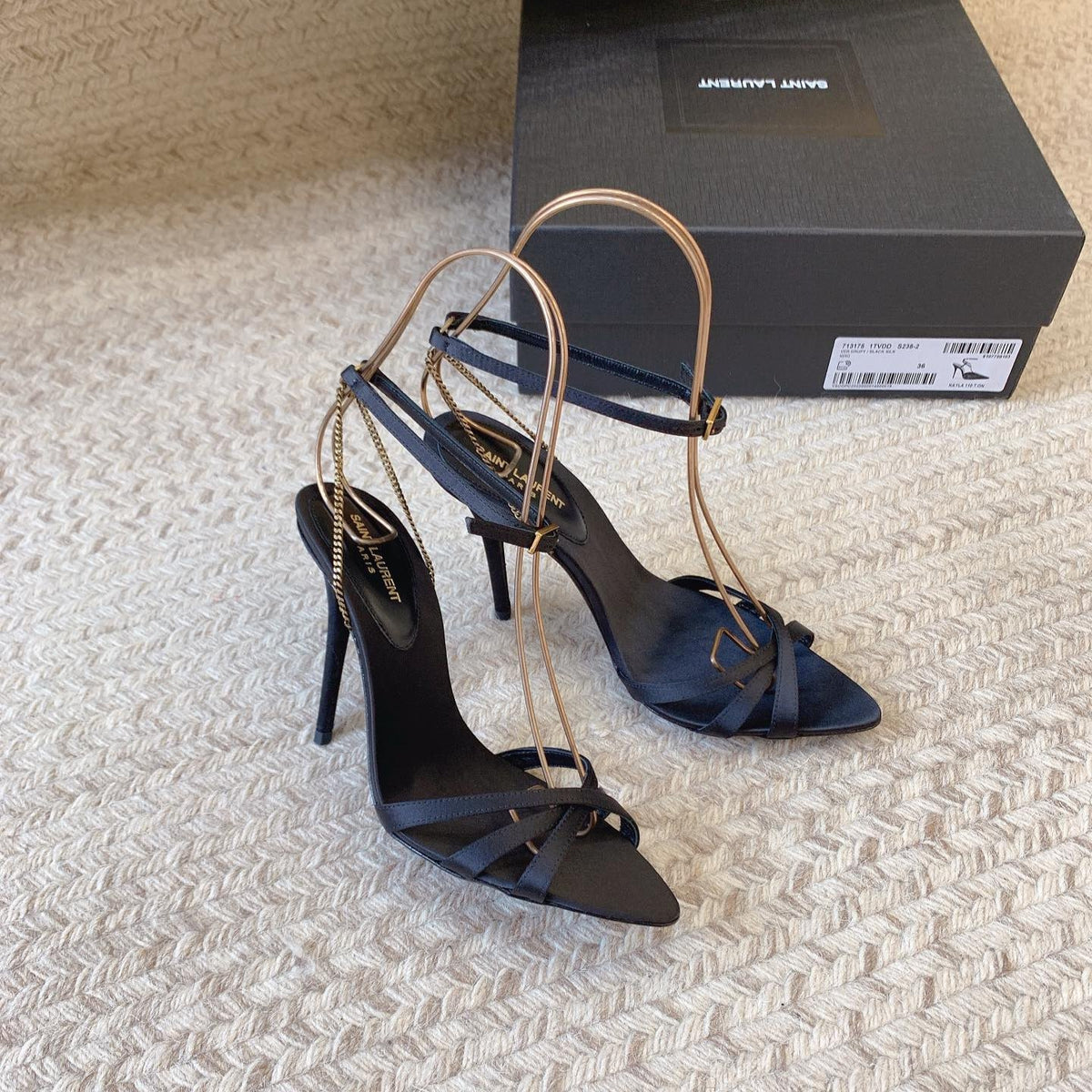 CROSS STRAP HIGH HEEL IN BLACK SILK GOLD CHAIN